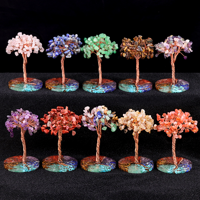 Raw Gemstone Copper Life of Tree Spiritual Meditation Energy Room Office Desk Decor Gifts-7 Chakra Stone Resin Base