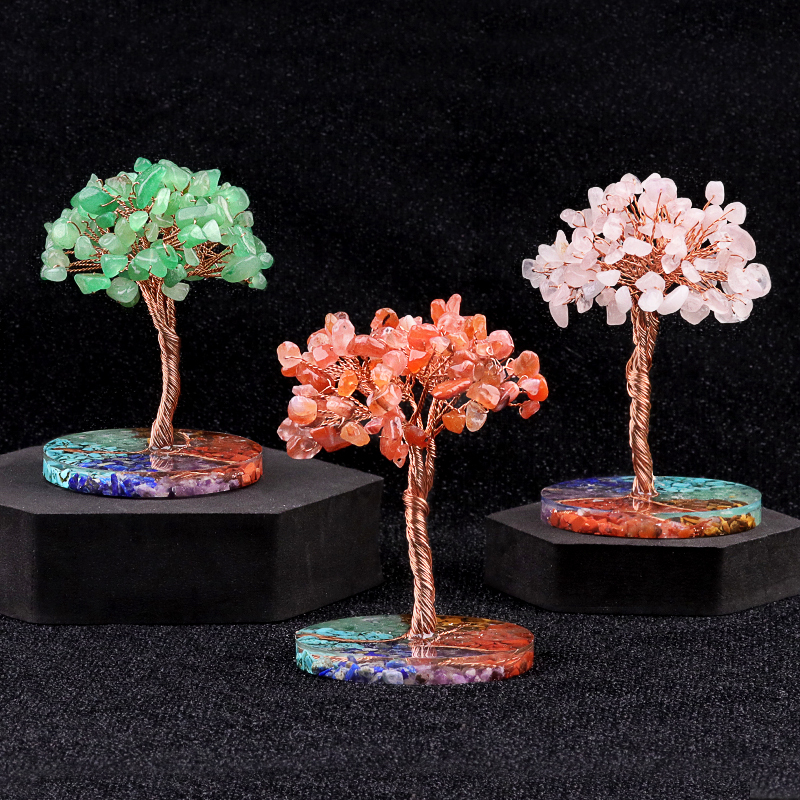 Raw Gemstone Copper Life of Tree Spiritual Meditation Energy Room Office Desk Decor Gifts-7 Chakra Stone Resin Base