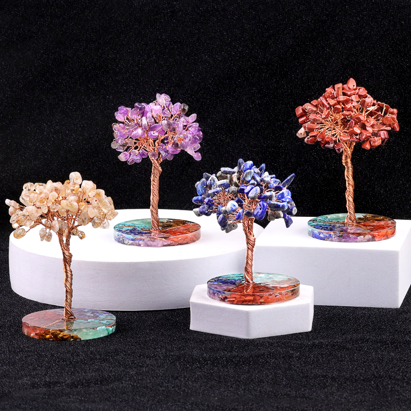 Raw Gemstone Copper Life of Tree Spiritual Meditation Energy Room Office Desk Decor Gifts-7 Chakra Stone Resin Base