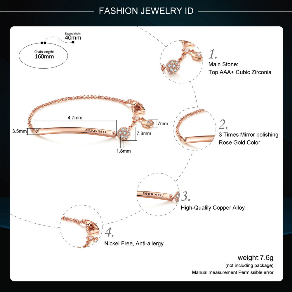 Cz Rhinestone Copper Link Chain Women Bracelet Adjustable