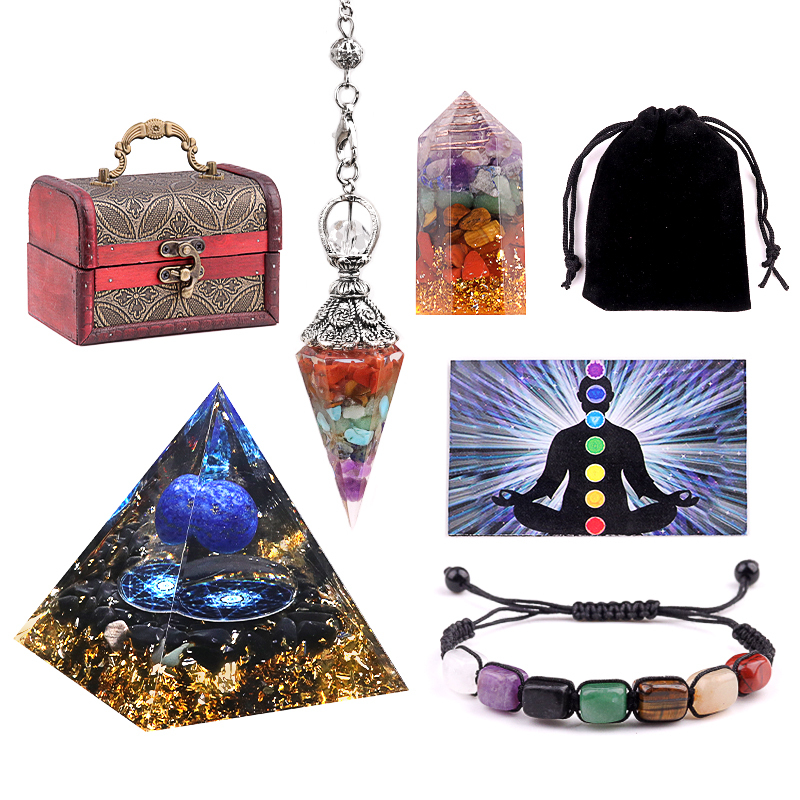 Healing Crystals Set Chakra Quartz Kits in Wooden Box  Stone Bracelet  Hexagonal Column Pyramid Spirit Pendulum