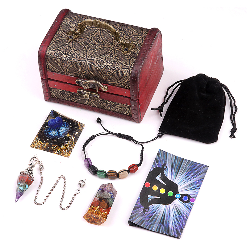 Healing Crystals Set Chakra Quartz Kits in Wooden Box  Stone Bracelet  Hexagonal Column Pyramid Spirit Pendulum