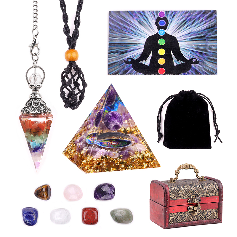 Healing Crystals Set Chakra Quartz Kits in Wooden Box  Stone Bracelet  Hexagonal Column Pyramid Spirit Pendulum