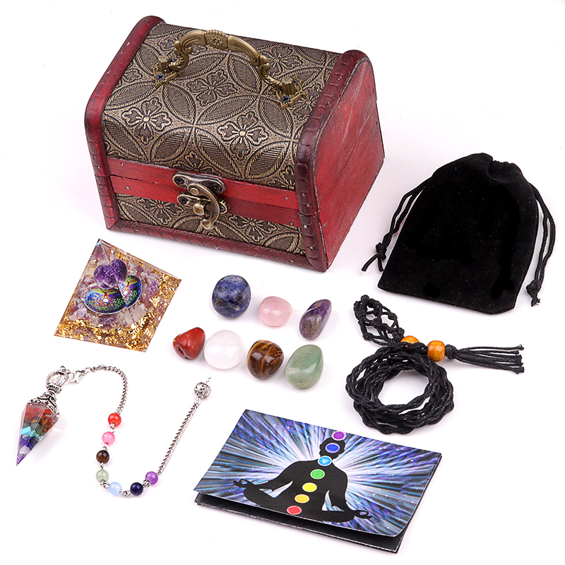 Healing Crystals Set Chakra Quartz Kits in Wooden Box  Stone Bracelet  Hexagonal Column Pyramid Spirit Pendulum