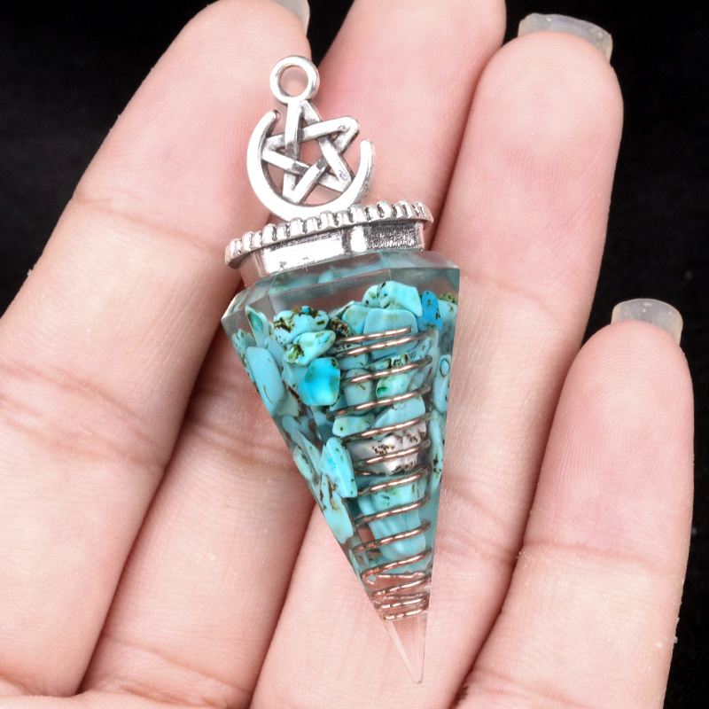 Chip Stone Resin Hexagonal Cone Antique Silver Pendulum Pendant For Making Jewelry #SP1900