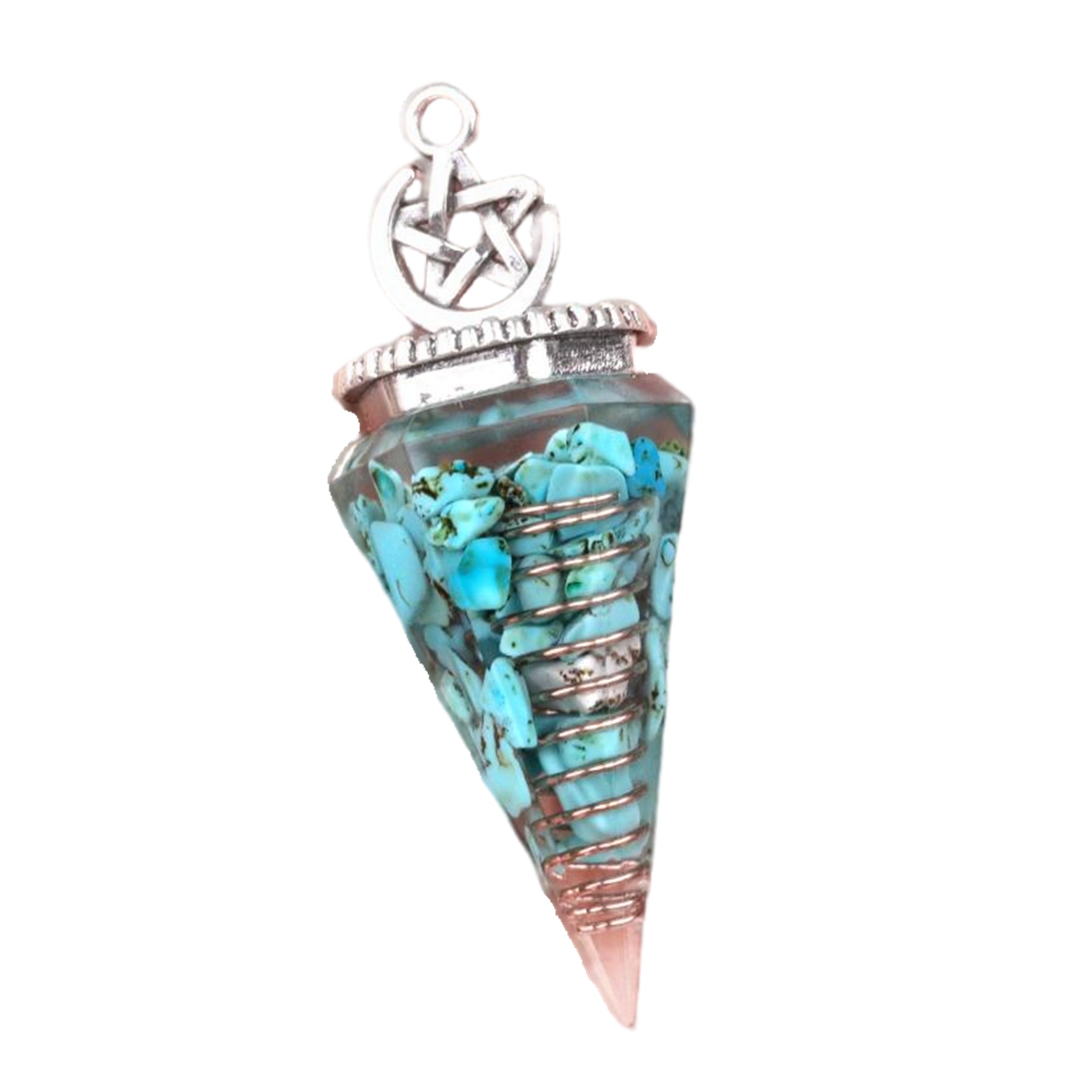 Chip Stone Resin Hexagonal Cone Antique Silver Pendulum Pendant For Making Jewelry #SP1900