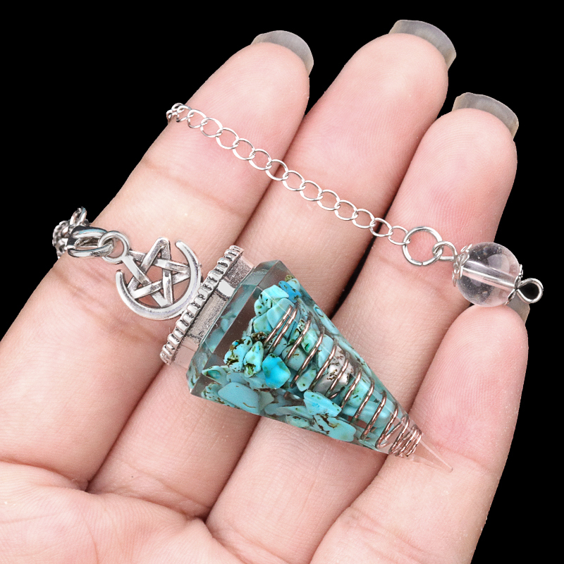 Chip Stone Resin Hexagonal Cone Antique Silver Pendulum Pendant For Making Jewelry #SP1900