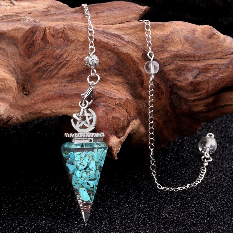 Chip Stone Resin Hexagonal Cone Antique Silver Pendulum Pendant For Making Jewelry #SP1900