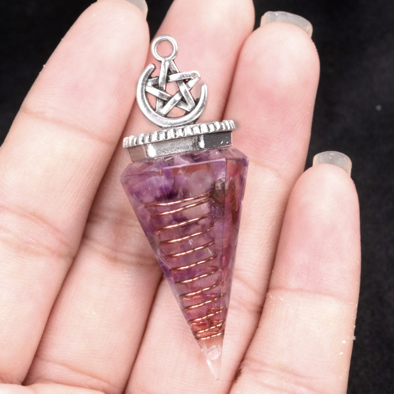Chip Stone Resin Hexagonal Cone Antique Silver Pendulum Pendant For Making Jewelry #SP1900
