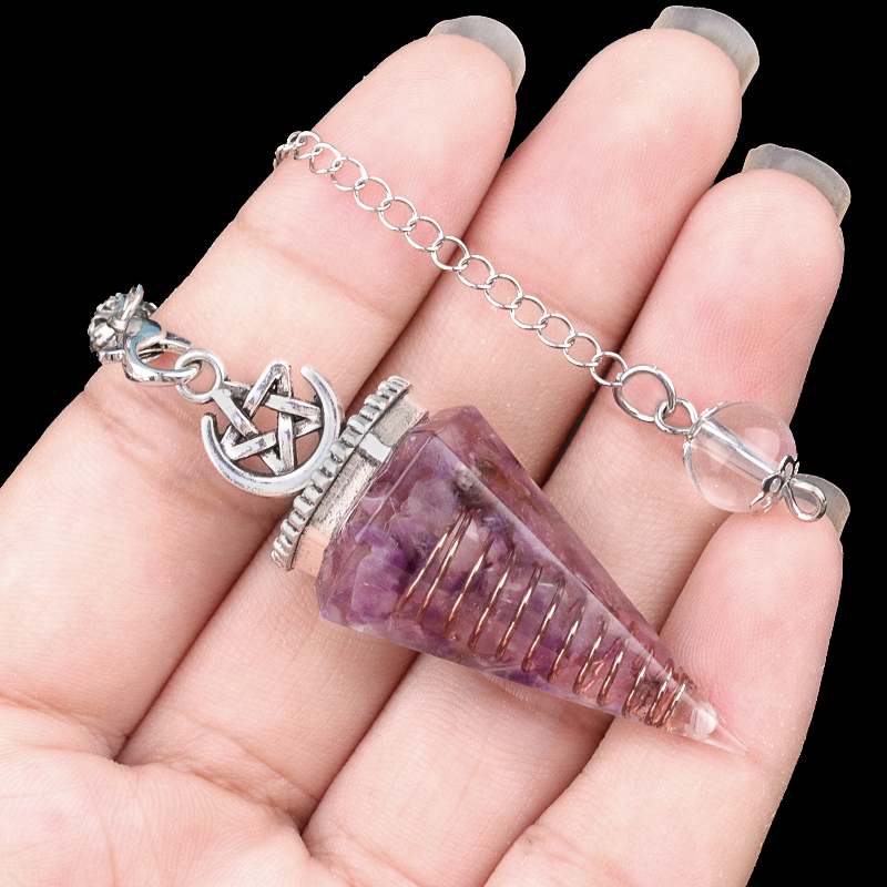 Chip Stone Resin Hexagonal Cone Antique Silver Pendulum Pendant For Making Jewelry #SP1900