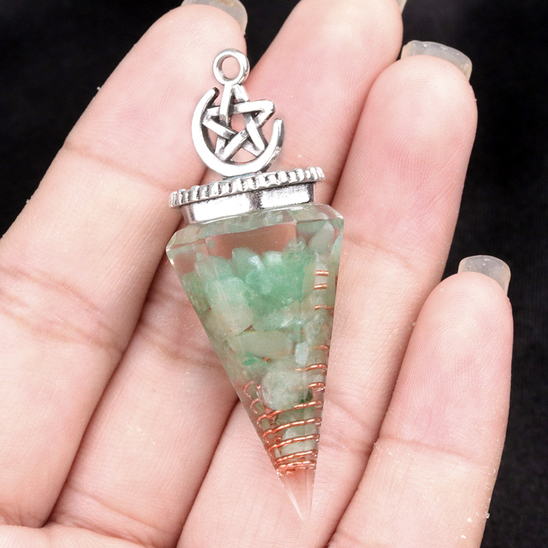 Chip Stone Resin Hexagonal Cone Antique Silver Pendulum Pendant For Making Jewelry #SP1900