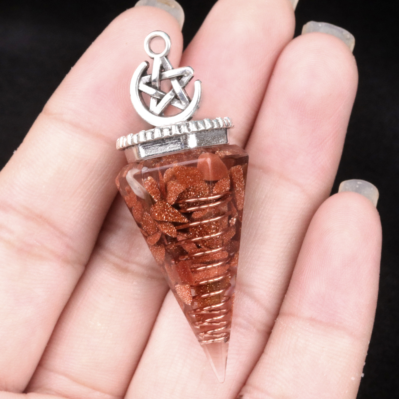 Chip Stone Resin Hexagonal Cone Antique Silver Pendulum Pendant For Making Jewelry #SP1900