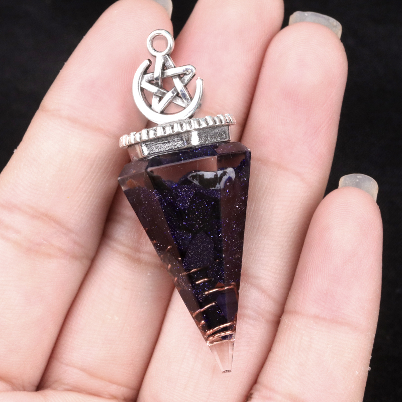 Chip Stone Resin Hexagonal Cone Antique Silver Pendulum Pendant For Making Jewelry #SP1900