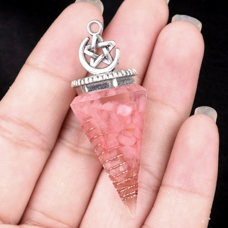Chip Stone Resin Hexagonal Cone Antique Silver Pendulum Pendant For Making Jewelry #SP1900
