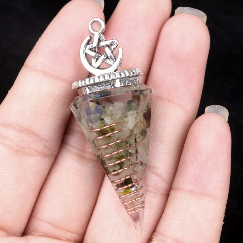 Chip Stone Resin Hexagonal Cone Antique Silver Pendulum Pendant For Making Jewelry #SP1900