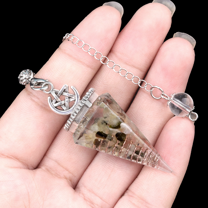 Chip Stone Resin Hexagonal Cone Antique Silver Pendulum Pendant For Making Jewelry #SP1900