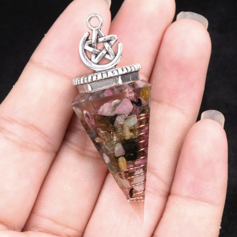 Chip Stone Resin Hexagonal Cone Antique Silver Pendulum Pendant For Making Jewelry #SP1900