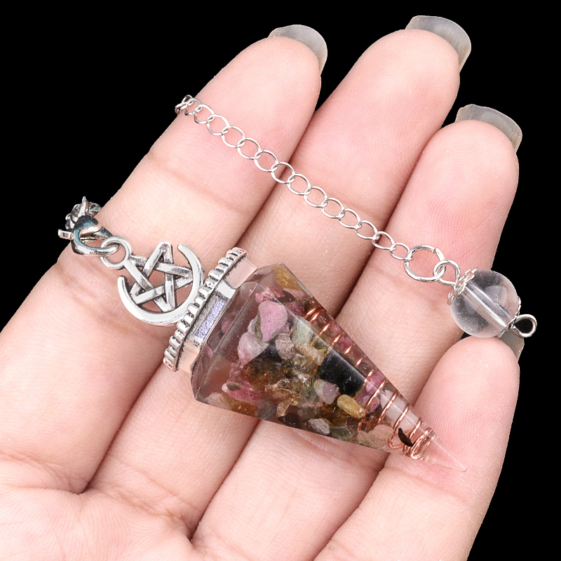 Chip Stone Resin Hexagonal Cone Antique Silver Pendulum Pendant For Making Jewelry #SP1900
