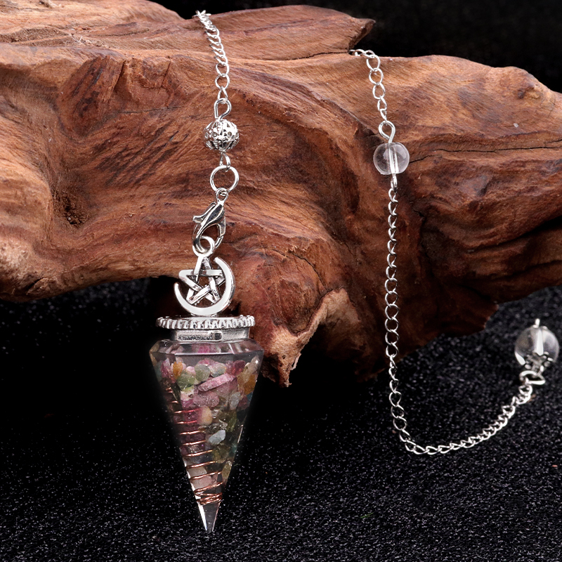 Chip Stone Resin Hexagonal Cone Antique Silver Pendulum Pendant For Making Jewelry #SP1900