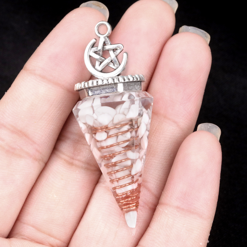 Chip Stone Resin Hexagonal Cone Antique Silver Pendulum Pendant For Making Jewelry #SP1900