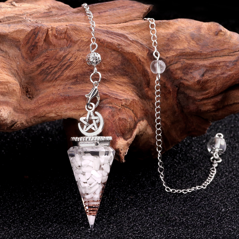 Chip Stone Resin Hexagonal Cone Antique Silver Pendulum Pendant For Making Jewelry #SP1900