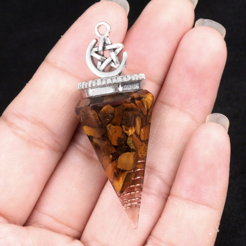 Chip Stone Resin Hexagonal Cone Antique Silver Pendulum Pendant For Making Jewelry #SP1900