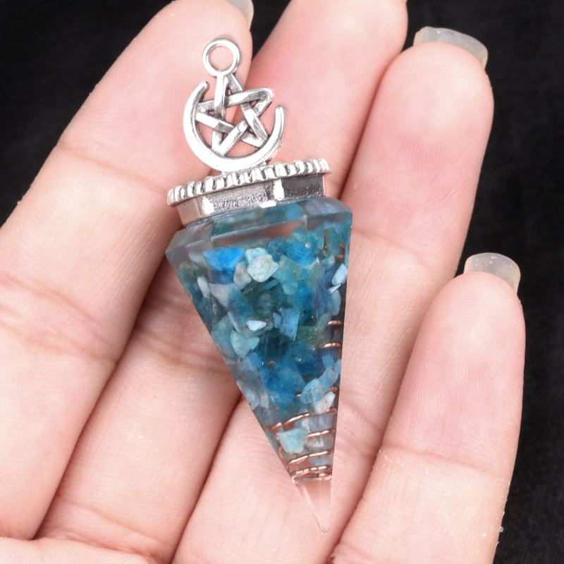 Chip Stone Resin Hexagonal Cone Antique Silver Pendulum Pendant For Making Jewelry #SP1900