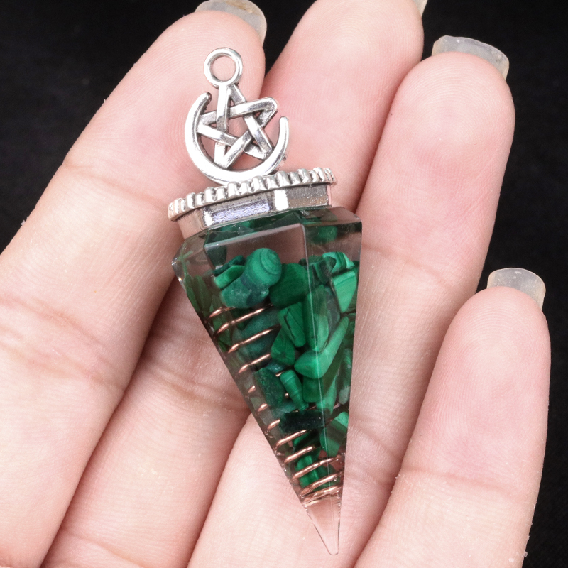 Chip Stone Resin Hexagonal Cone Antique Silver Pendulum Pendant For Making Jewelry #SP1900