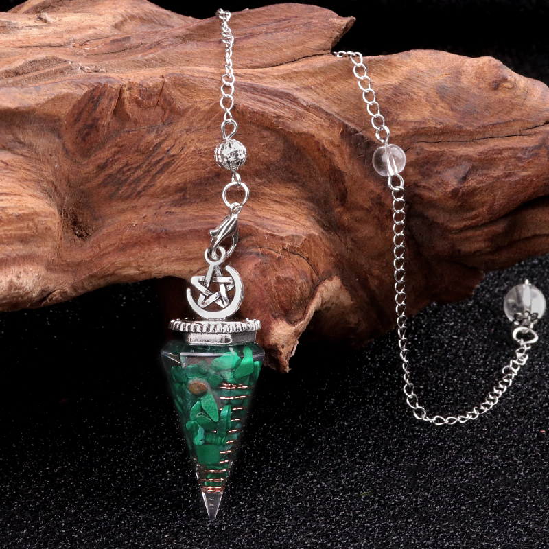 Chip Stone Resin Hexagonal Cone Antique Silver Pendulum Pendant For Making Jewelry #SP1900