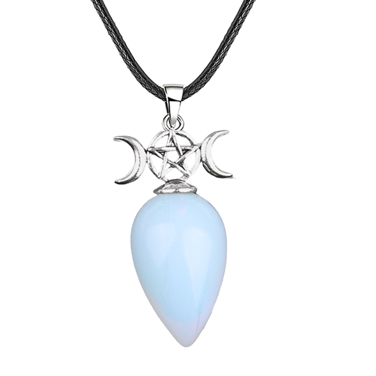 Waterdrop Antique Silver Stone Pendant Necklace 45cm Black Cord