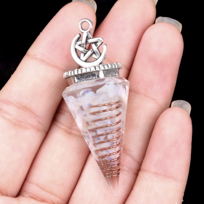 Chip Stone Resin Hexagonal Cone Antique Silver Pendulum Pendant For Making Jewelry #SP1900