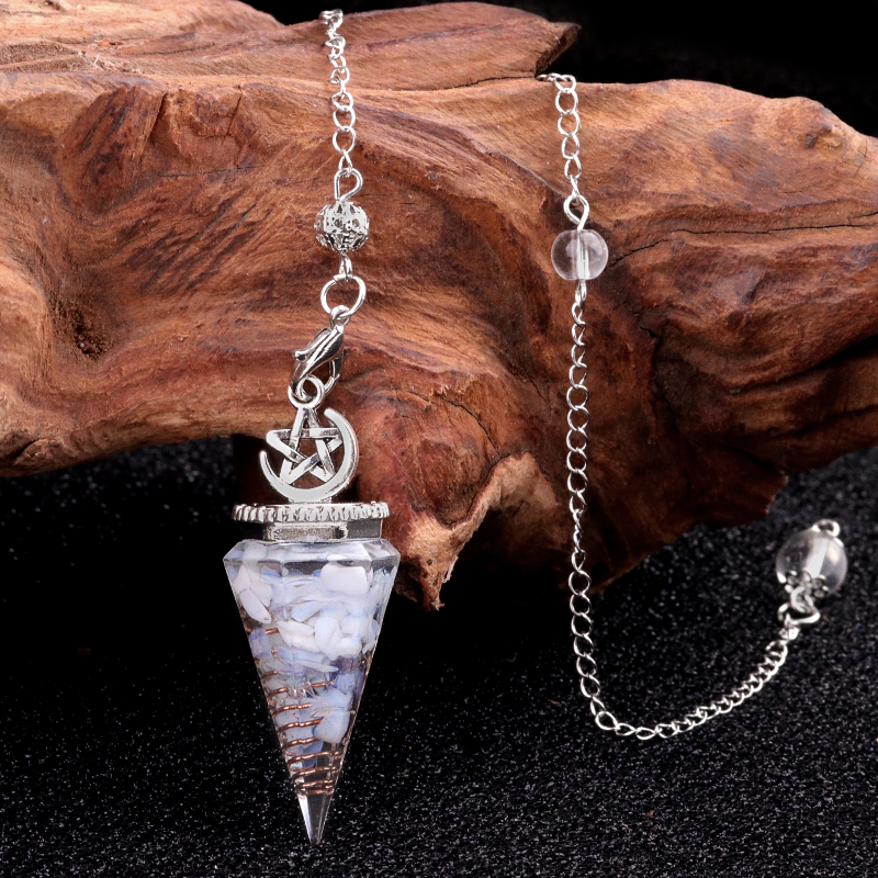 Chip Stone Resin Hexagonal Cone Antique Silver Pendulum Pendant For Making Jewelry #SP1900