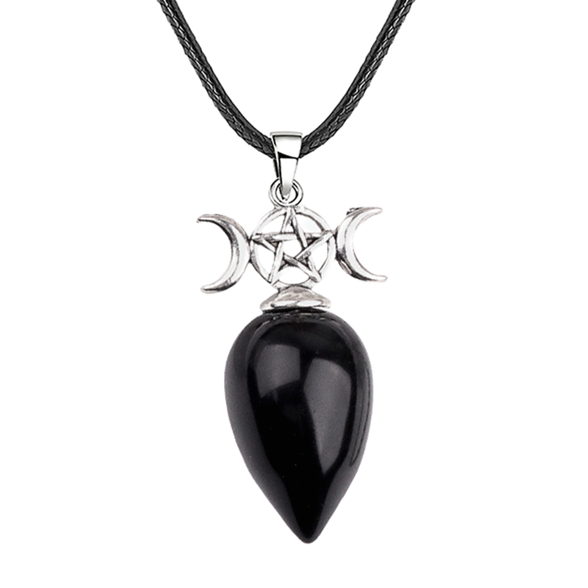 Waterdrop Antique Silver Stone Pendant Necklace 45cm Black Cord