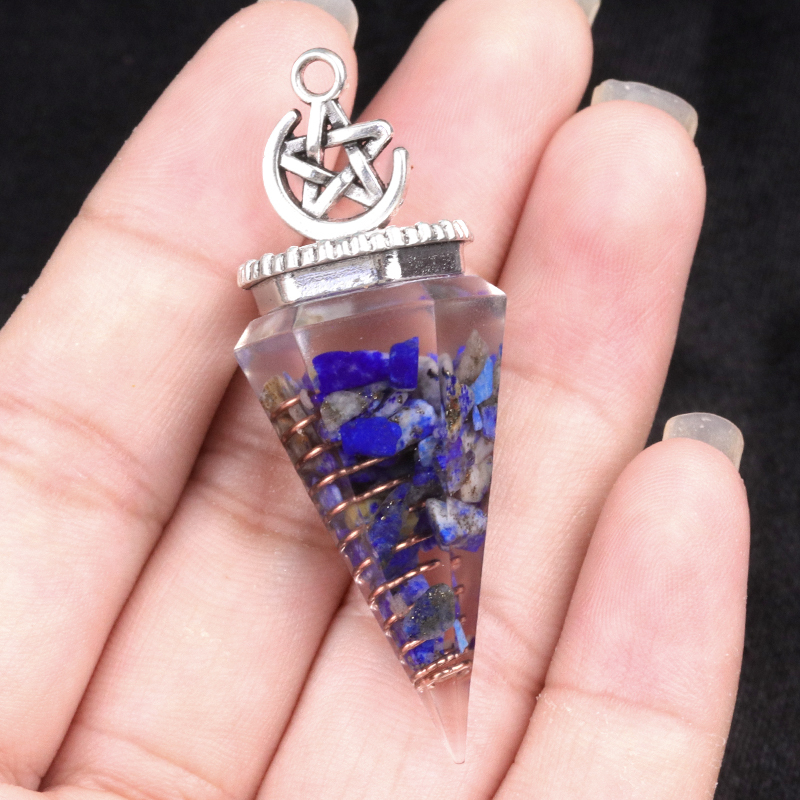 Chip Stone Resin Hexagonal Cone Antique Silver Pendulum Pendant For Making Jewelry #SP1900