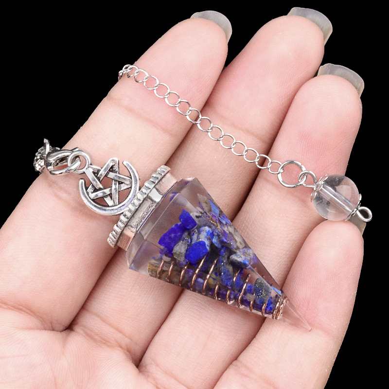 Chip Stone Resin Hexagonal Cone Antique Silver Pendulum Pendant For Making Jewelry #SP1900