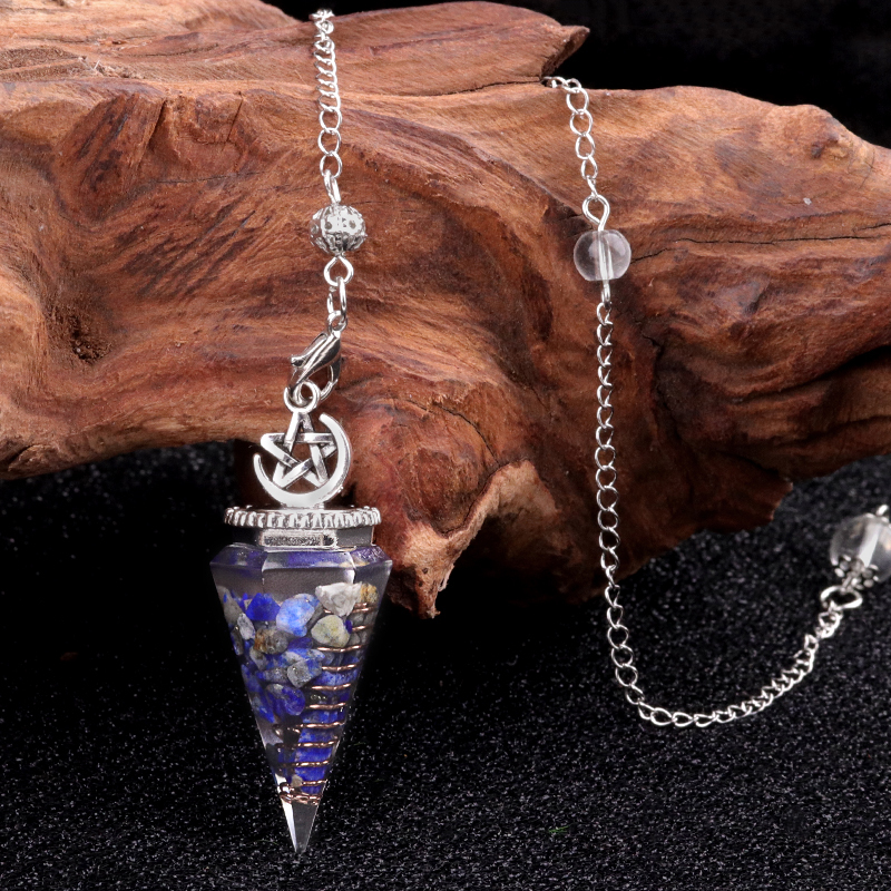 Chip Stone Resin Hexagonal Cone Antique Silver Pendulum Pendant For Making Jewelry #SP1900