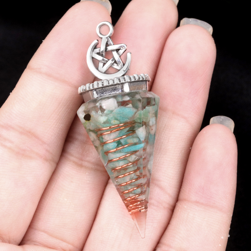 Chip Stone Resin Hexagonal Cone Antique Silver Pendulum Pendant For Making Jewelry #SP1900