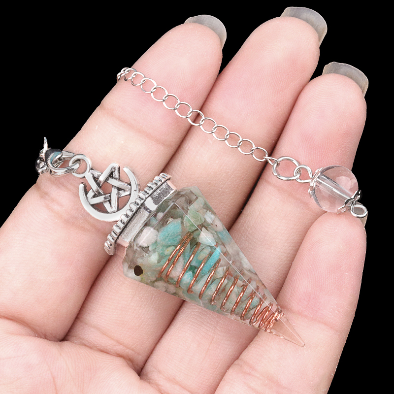 Chip Stone Resin Hexagonal Cone Antique Silver Pendulum Pendant For Making Jewelry #SP1900