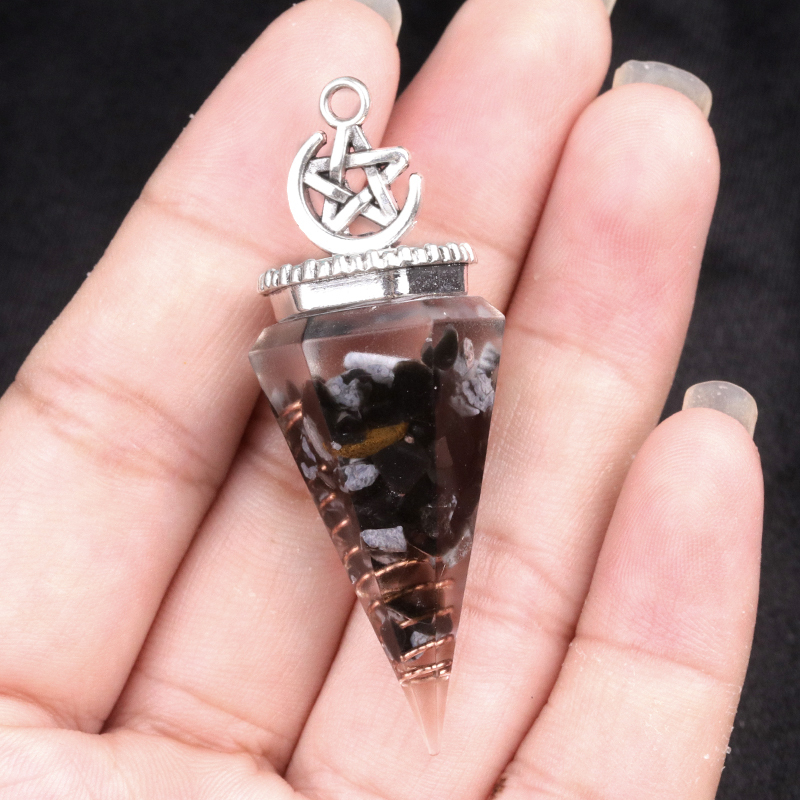 Chip Stone Resin Hexagonal Cone Antique Silver Pendulum Pendant For Making Jewelry #SP1900