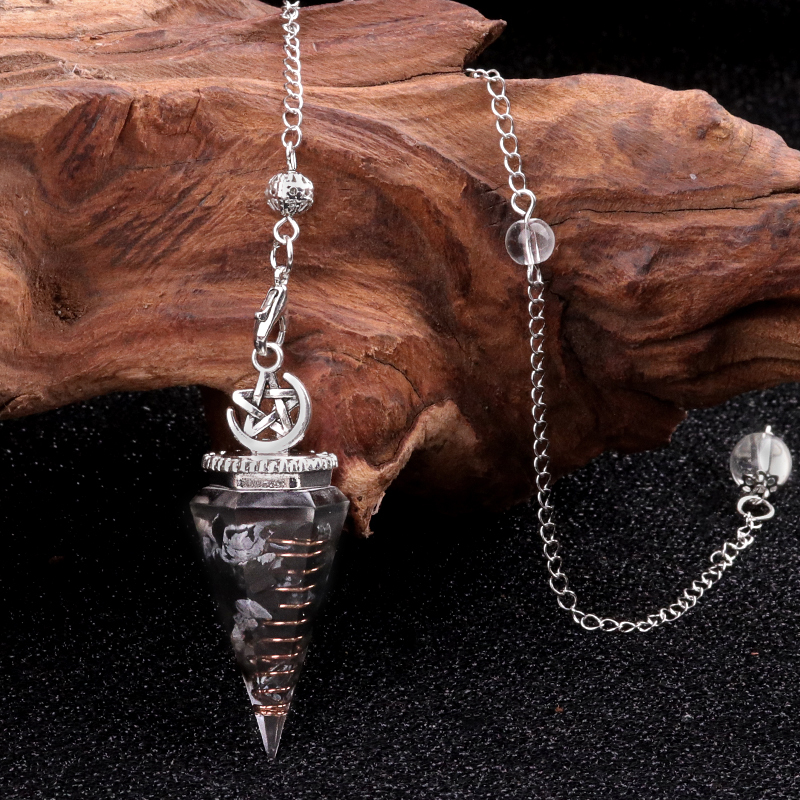 Chip Stone Resin Hexagonal Cone Antique Silver Pendulum Pendant For Making Jewelry #SP1900