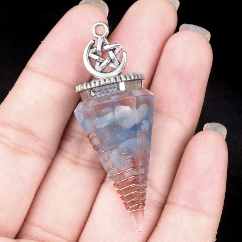 Chip Stone Resin Hexagonal Cone Antique Silver Pendulum Pendant For Making Jewelry #SP1900