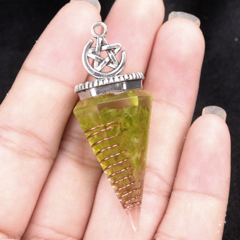 Chip Stone Resin Hexagonal Cone Antique Silver Pendulum Pendant For Making Jewelry #SP1900