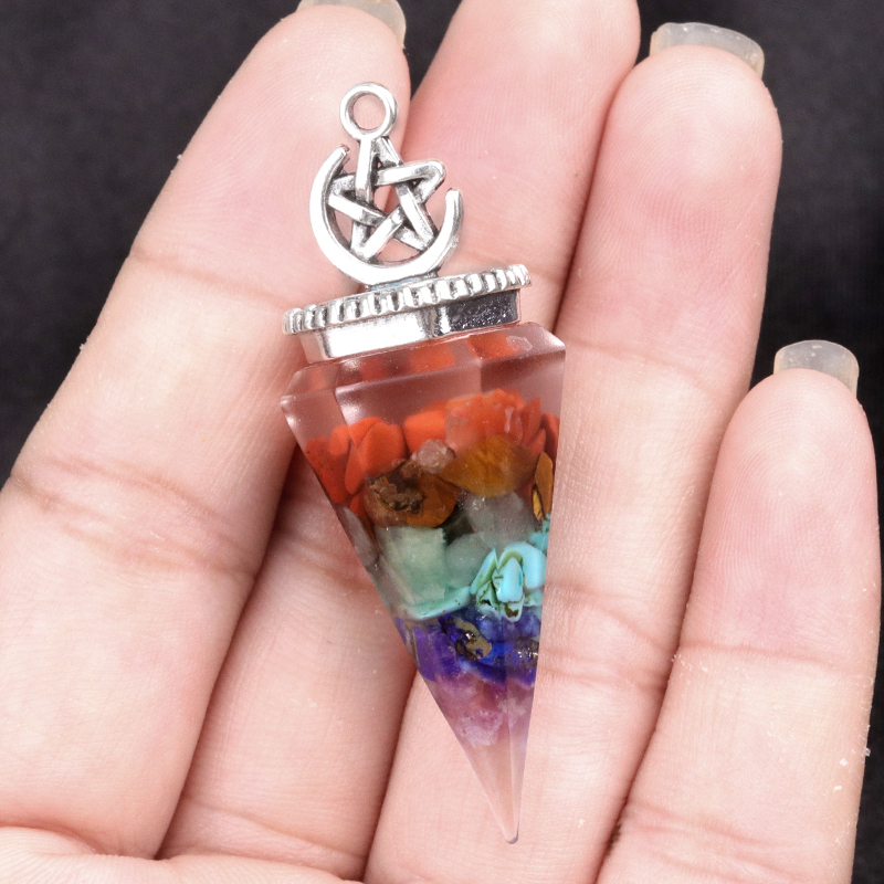 Chip Stone Resin Hexagonal Cone Antique Silver Pendulum Pendant For Making Jewelry #SP1900