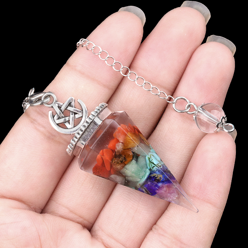 Chip Stone Resin Hexagonal Cone Antique Silver Pendulum Pendant For Making Jewelry #SP1900