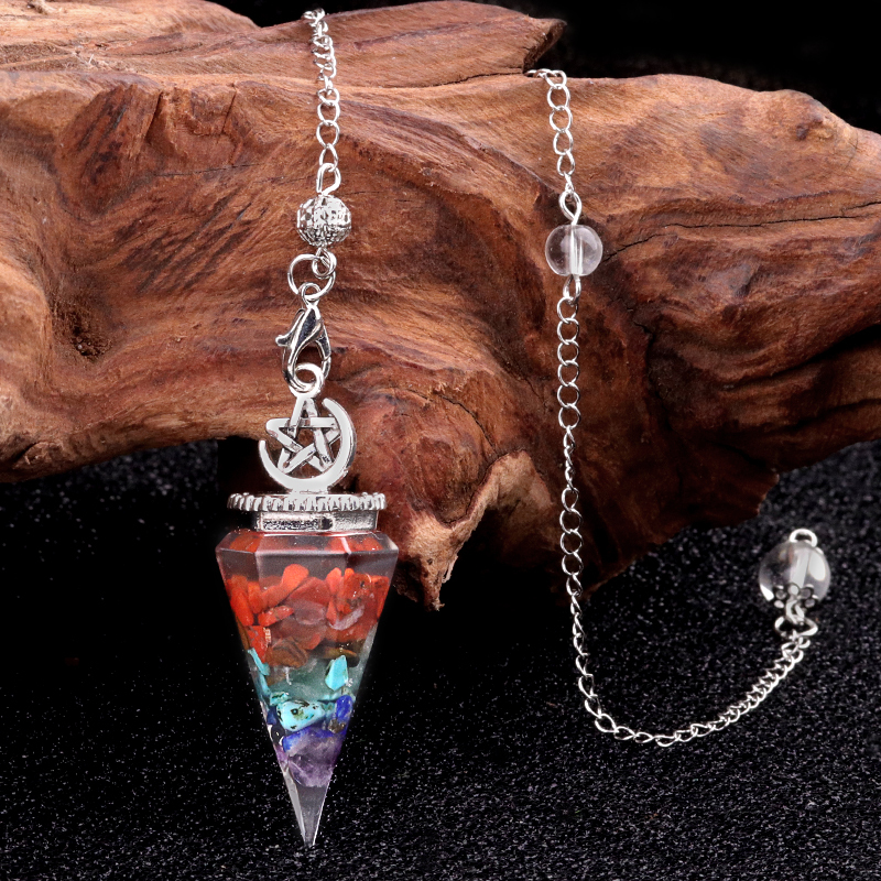 Chip Stone Resin Hexagonal Cone Antique Silver Pendulum Pendant For Making Jewelry #SP1900