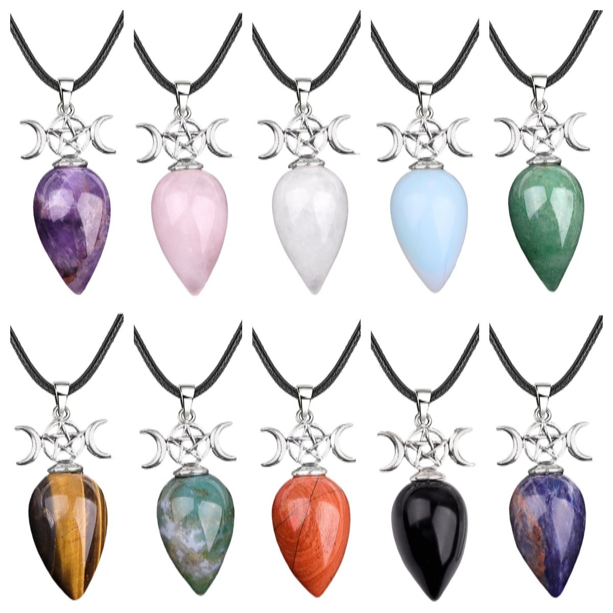 Waterdrop Antique Silver Stone Pendant Necklace 45cm Black Cord