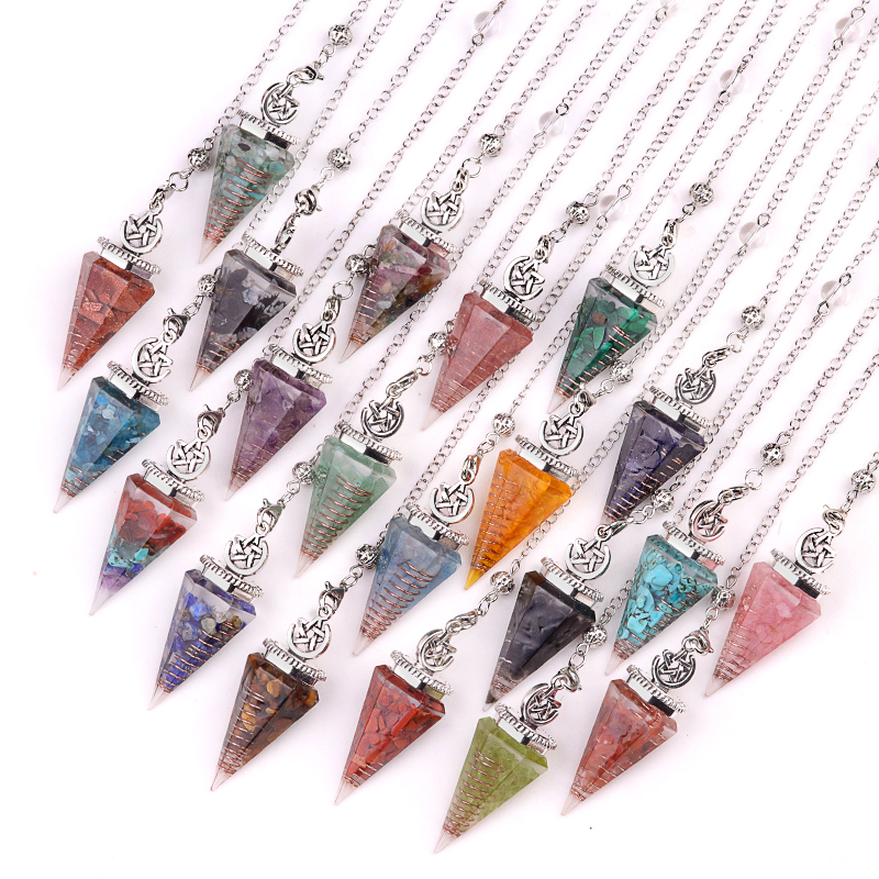 Chip Stone Resin Hexagonal Cone Antique Silver Pendulum Pendant For Making Jewelry #SP1900