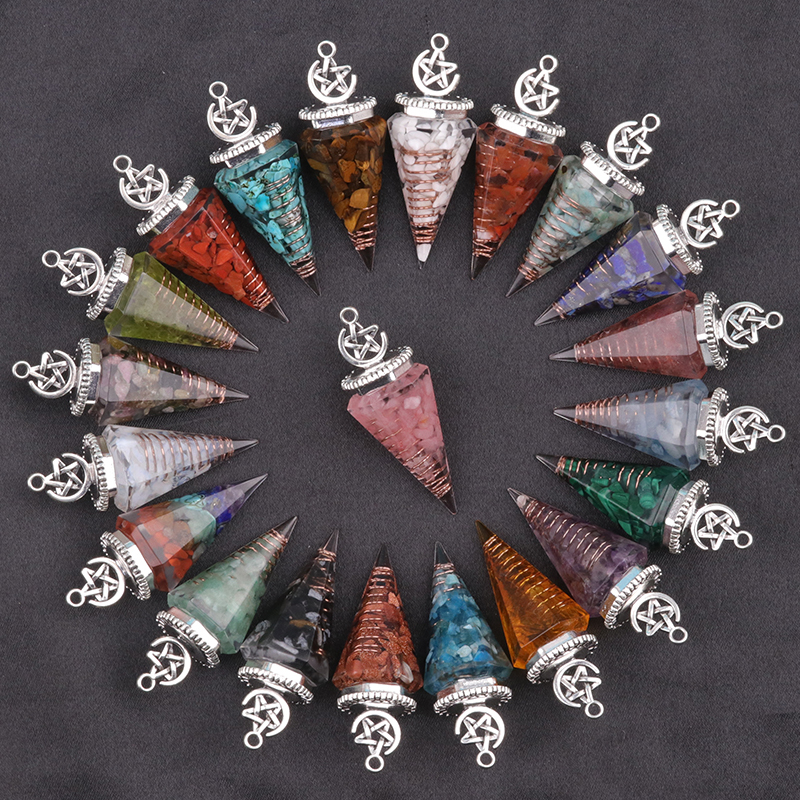 Chip Stone Resin Hexagonal Cone Antique Silver Pendulum Pendant For Making Jewelry #SP1900