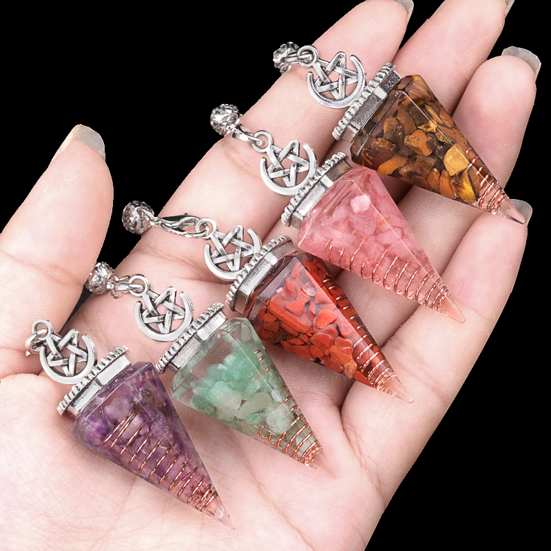 Chip Stone Resin Hexagonal Cone Antique Silver Pendulum Pendant with crystal chain #SP1900