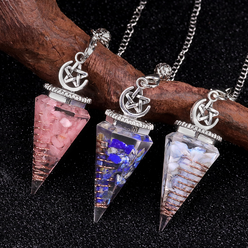 Chip Stone Resin Hexagonal Cone Antique Silver Pendulum Pendant with crystal chain #SP1900